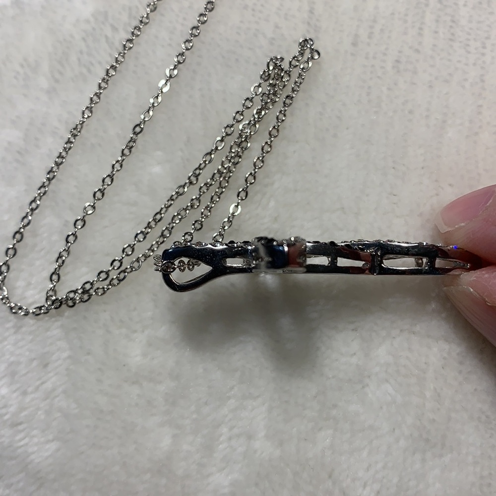 Beautiful silver tone necklace with black and clear stones on cross - Picture 8 of 16